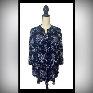 Cato Women's Blouse Top V-Neck Blue Floral Print 3/4 Sleeve Plus Size 2XL 18/20